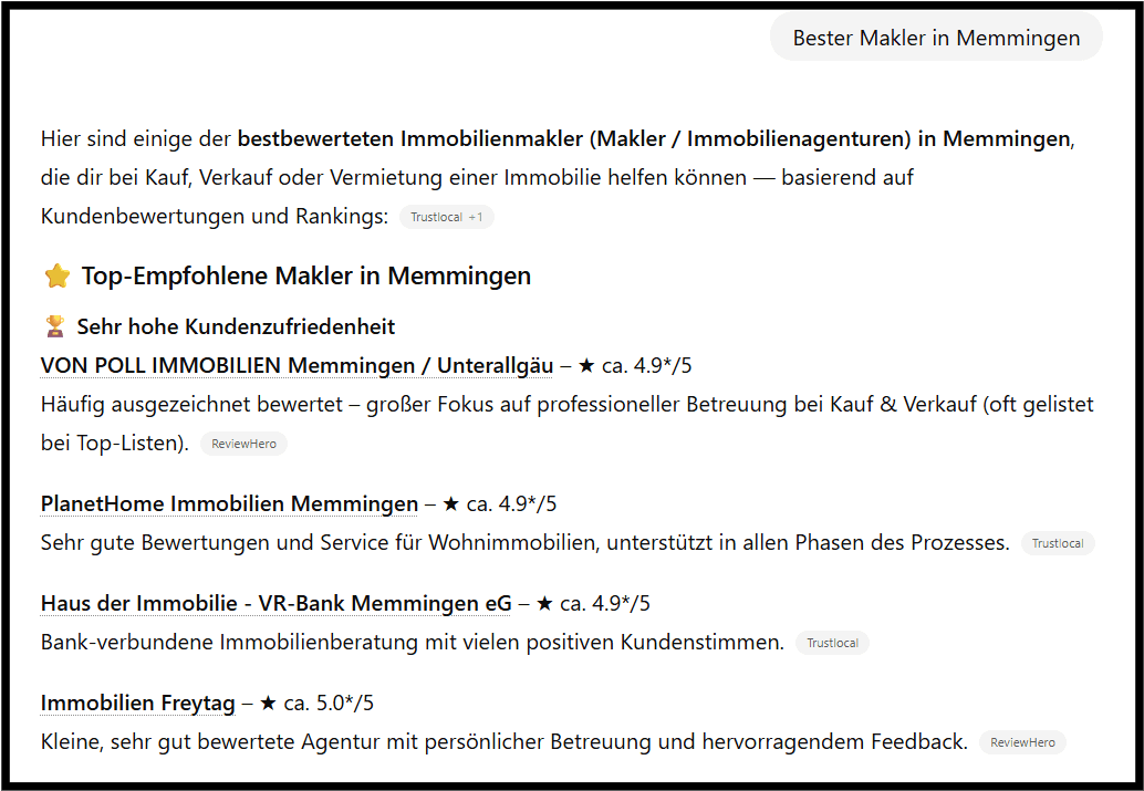 Screenshot eines Prompts in einer KI Suchmaschine