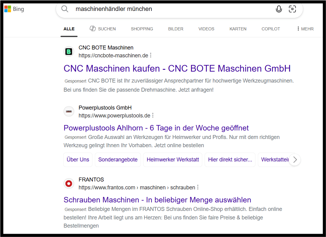 Screenshot von Bing-Suchergebnissen
