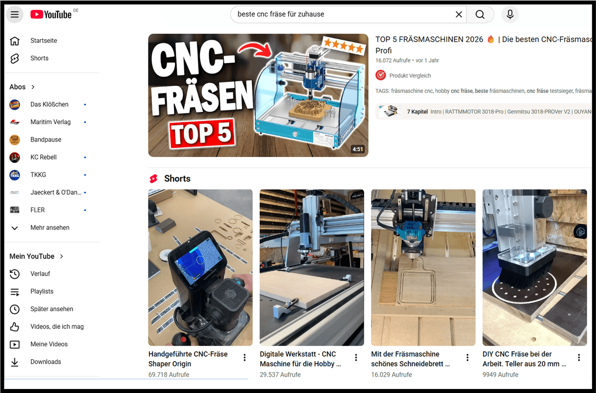 Screenshot einer Suche bei YouTube